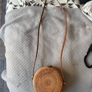 Round Woven Tan Crossbody Bag